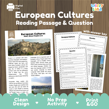 European Cultures reading comprehension passage and questions printable activity pack with answer key for elementary students