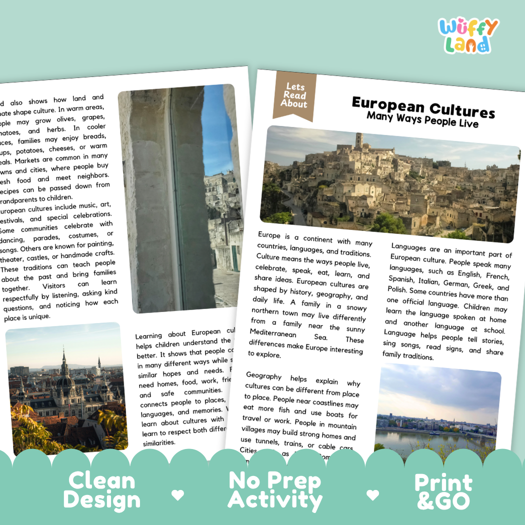 Teacher answer key page showing complete question solutions for European Cultures social studies reading comprehension practice