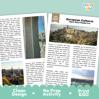 Teacher answer key page showing complete question solutions for European Cultures social studies reading comprehension practice