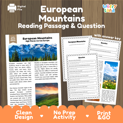 European Mountains reading comprehension passage and questions printable activity pack with answer key for elementary students