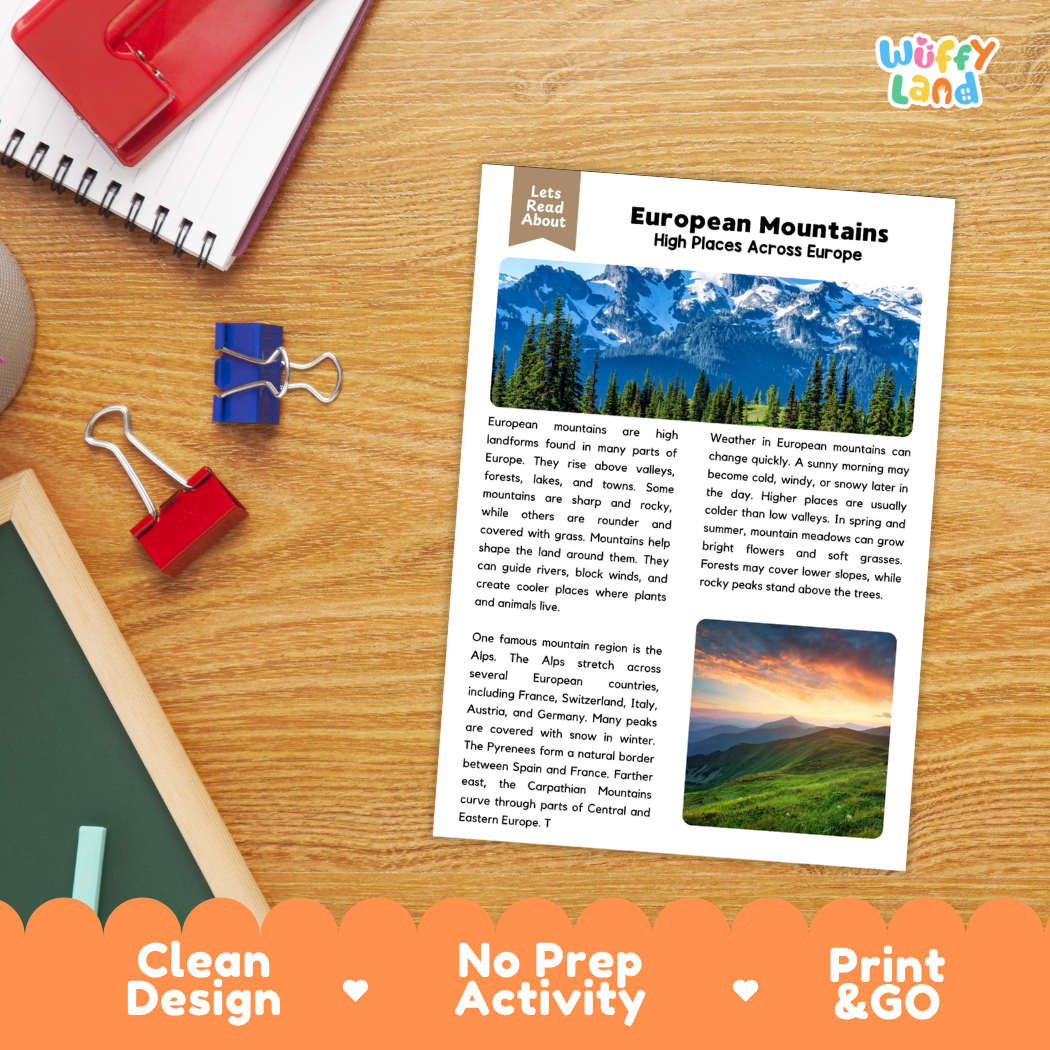 Student reading comprehension worksheet with short-answer questions and lined sections about European mountain ranges
