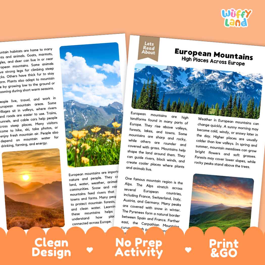 Teacher answer key page showing complete question solutions for European Mountains geography and Earth science reading comprehension practice
