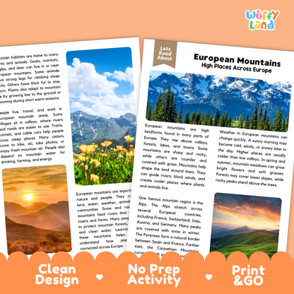 Teacher answer key page showing complete question solutions for European Mountains geography and Earth science reading comprehension practice