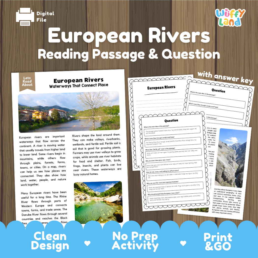 European Rivers reading comprehension passage and questions printable activity pack with answer key for elementary students
