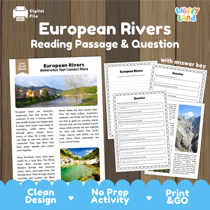 European Rivers reading comprehension passage and questions printable activity pack with answer key for elementary students