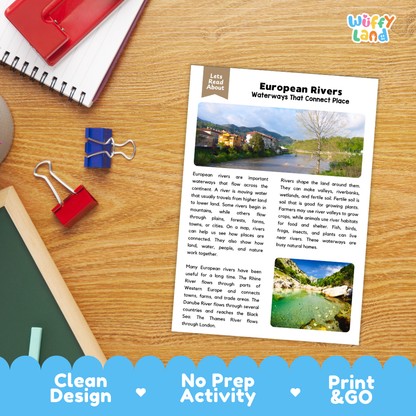 Student reading comprehension worksheet with short-answer questions and lined sections about European rivers