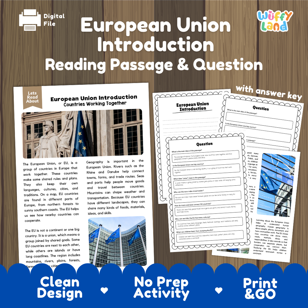 European Union Introduction reading comprehension passage and questions printable activity pack with answer key for elementary students