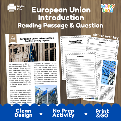 European Union Introduction reading comprehension passage and questions printable activity pack with answer key for elementary students