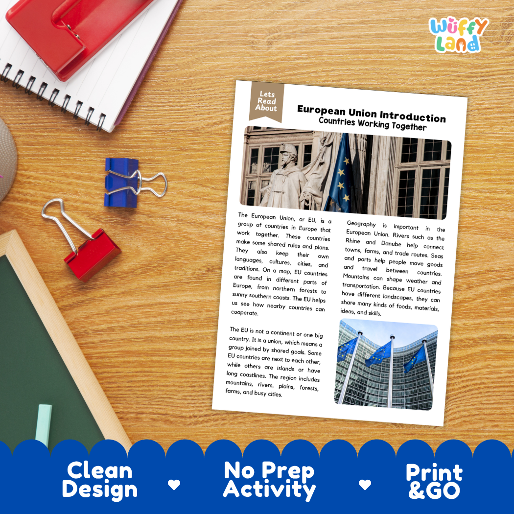 Student reading comprehension worksheet with short-answer questions and lined sections about the European Union