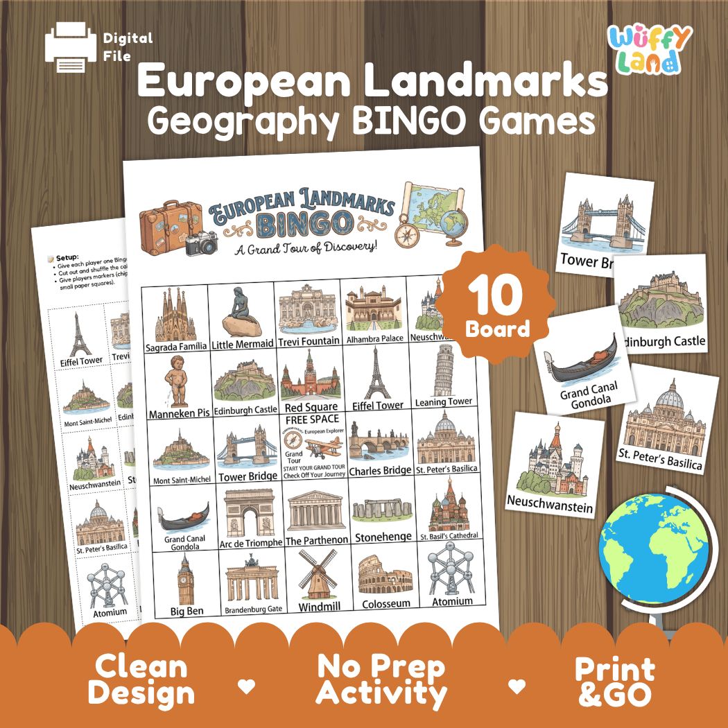 European Landmarks Geography Bingo Games Printable Activity