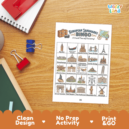 European Landmarks Geography Bingo Games Printable Activity