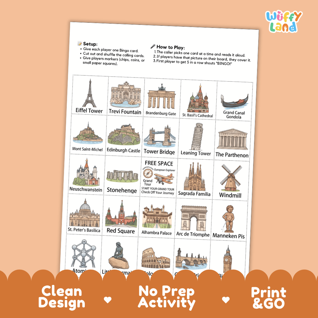 European Landmarks Geography Bingo Games Printable Activity