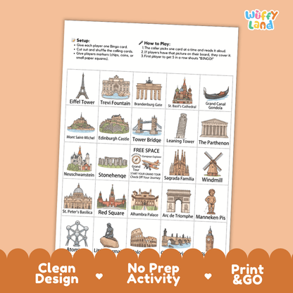 European Landmarks Geography Bingo Games Printable Activity