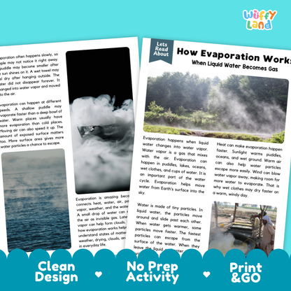 Complete teacher answer key worksheet providing detailed model responses for evaporation comprehension questions