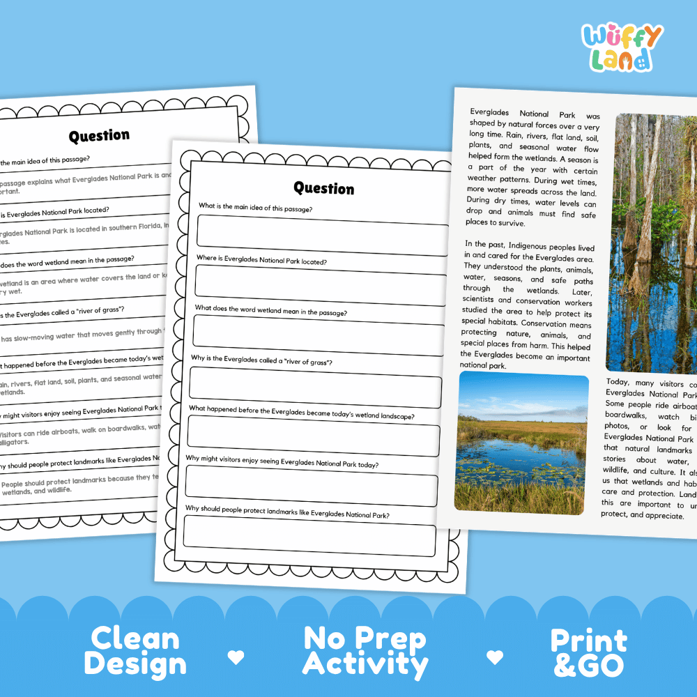 Student reading passage titled A Wetland Park in Florida detailing Everglades sawgrass marsh ecosystems river of grass and wetland photography