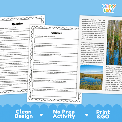 Student reading passage titled A Wetland Park in Florida detailing Everglades sawgrass marsh ecosystems river of grass and wetland photography