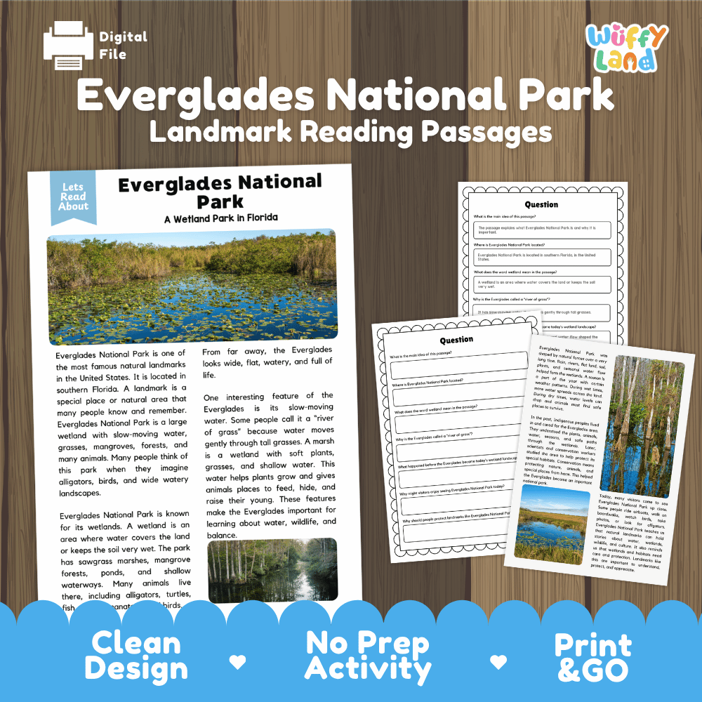 Everglades National Park landmark reading passages educational study unit featuring nonfiction reading worksheets and authentic Florida wetland photography