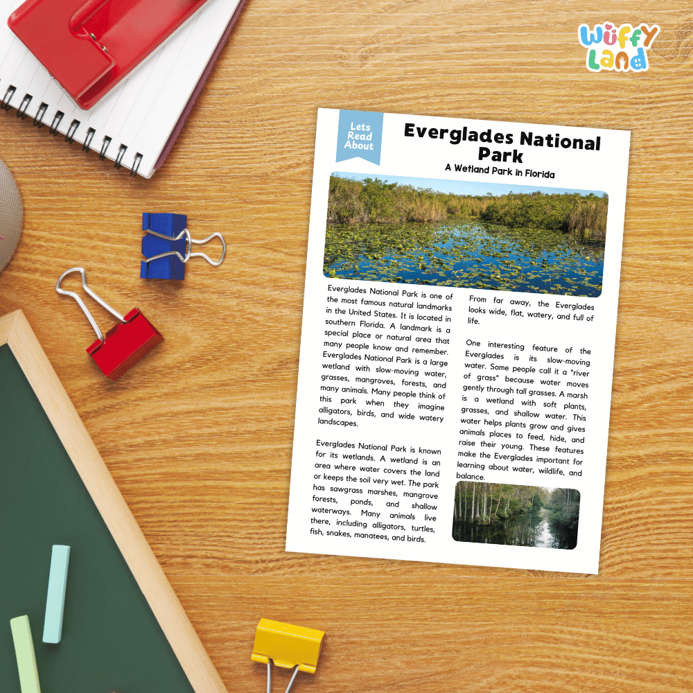 Lined reading comprehension question worksheet covering main ideas vocabulary terms and landmark facts about Everglades National Park