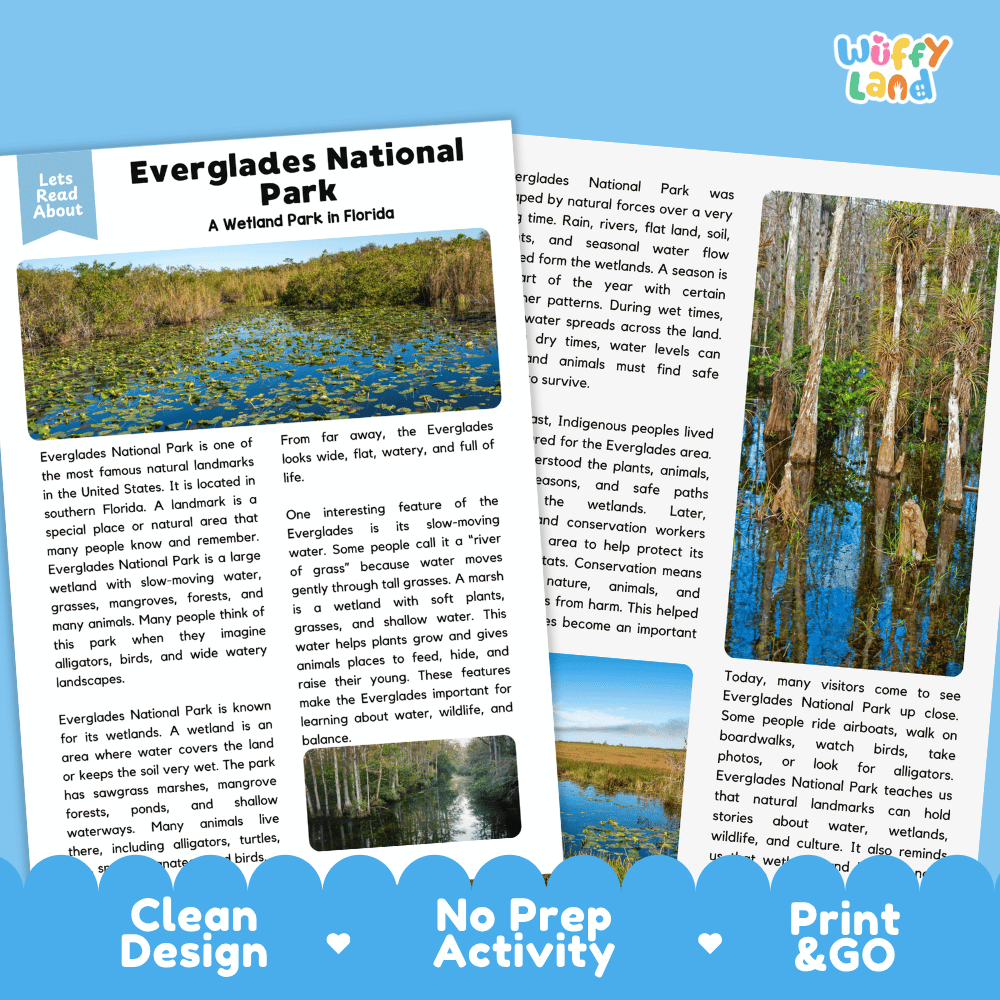 Reference sheet and answer key for Everglades National Park landmark reading passage displaying completed comprehension answers and wetland science facts