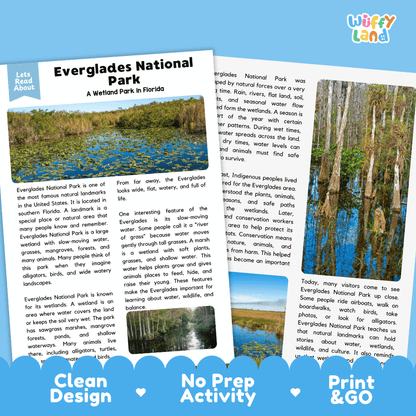 Reference sheet and answer key for Everglades National Park landmark reading passage displaying completed comprehension answers and wetland science facts