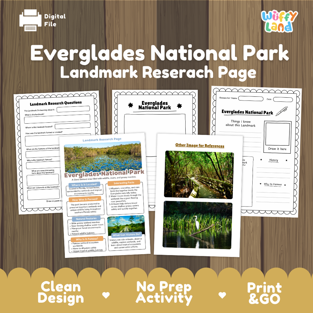 Digital product preview for an Everglades National Park landmark research page activity, showing several printable worksheet pages laid out on a wood-grain background with a yellow banner at the bottom.