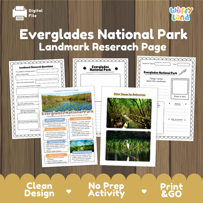 Digital product preview for an Everglades National Park landmark research page activity, showing several printable worksheet pages laid out on a wood-grain background with a yellow banner at the bottom.