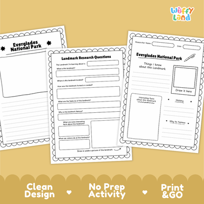 Three printable educational activity sheets for Everglades National Park are shown on a warm tan background. The sheets include a title page, a landscape research questions page, and a writing/drawing activity page.