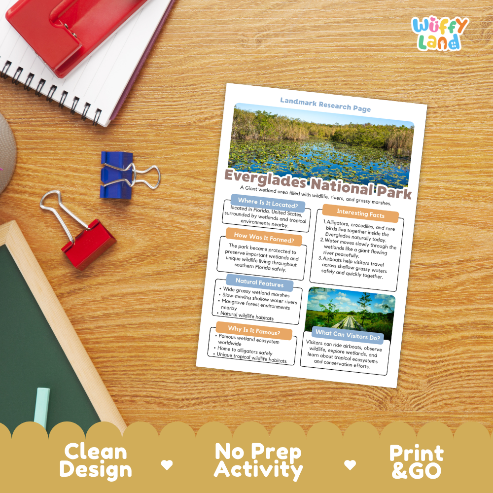 A printed educational poster about Everglades National Park lies on a wooden desk, surrounded by school supplies including a red notebook, blue binder clips, and a green chalkboard. The poster has a clean multicolor layout with a landscape photo and text sections.