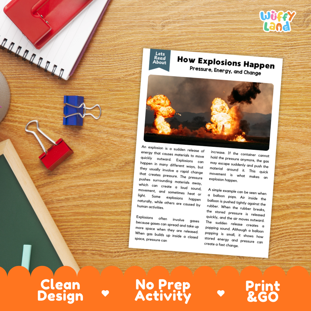 Printable student worksheet with short-answer reading comprehension questions covering explosions and physics