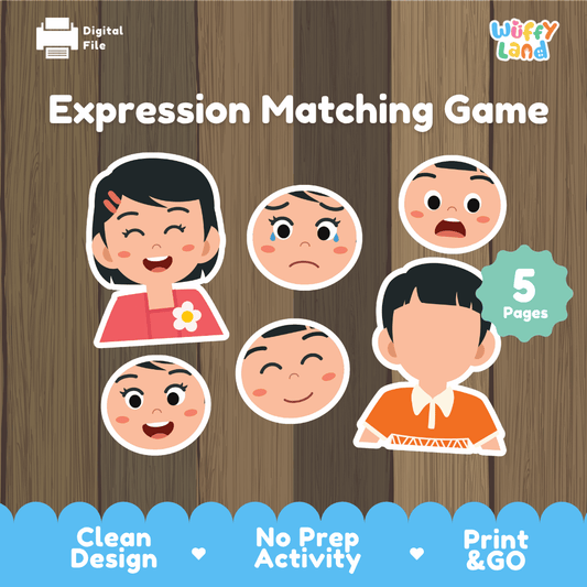 Expression matching game printable social emotional learning SEL activity pack overview from Wuffy Land featuring 5 pages 😊🎭
