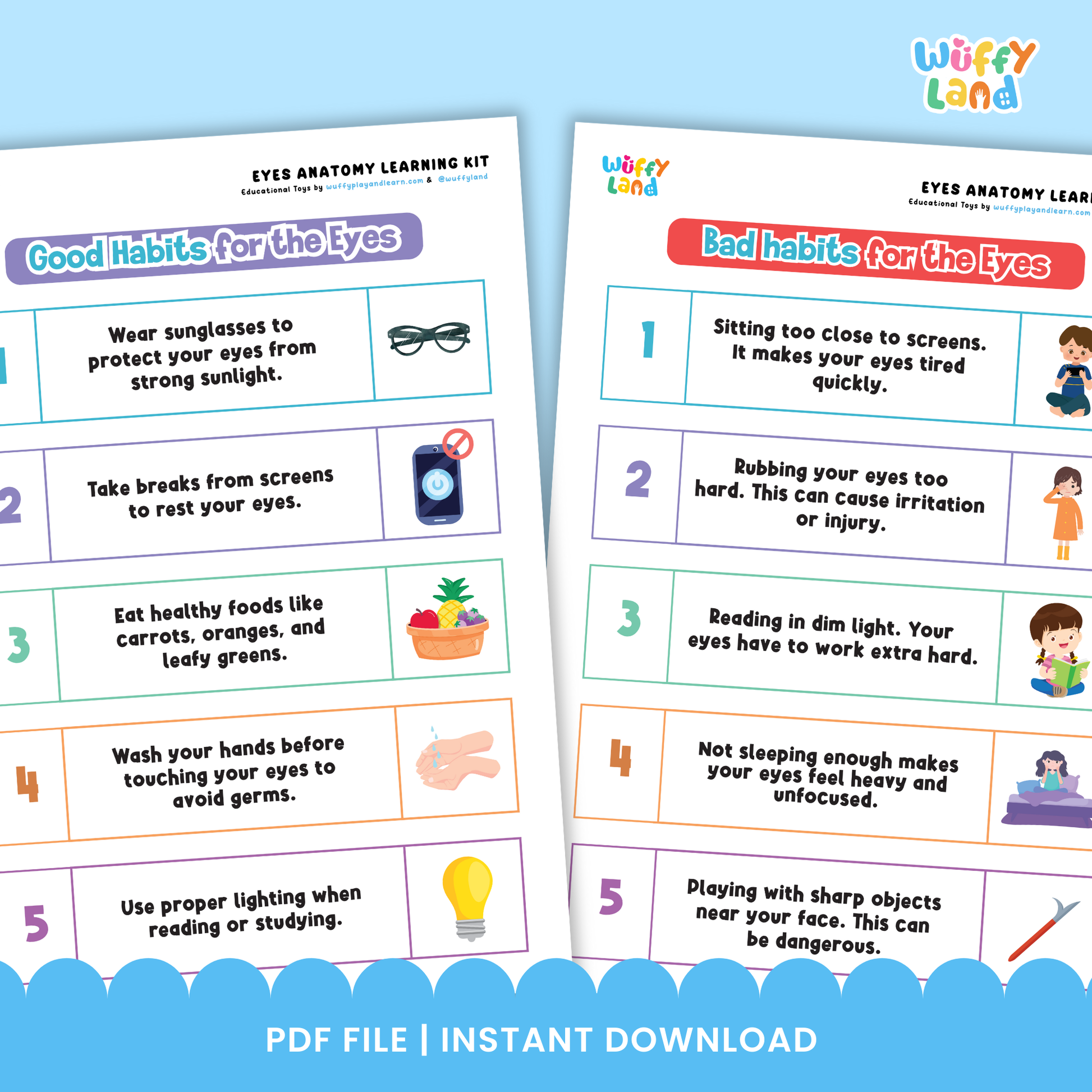 Printable eyes learning kit for kids featuring eye anatomy diagrams, labeling worksheets, good and bad food for eye health activities, healthy eye habits pages, and cut-and-paste exercises, designed for elementary science and health lessons.