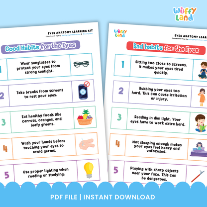 Printable eyes learning kit for kids featuring eye anatomy diagrams, labeling worksheets, good and bad food for eye health activities, healthy eye habits pages, and cut-and-paste exercises, designed for elementary science and health lessons.