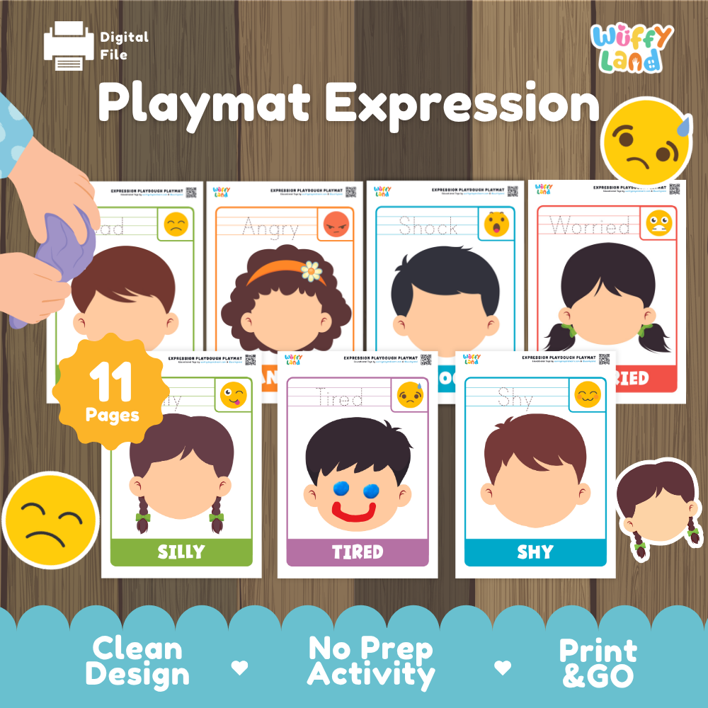 Digital playmat activity sheet set titled 'Playmat Expression' by Witty Land, featuring printable activity cards with cartoon faces and emotion labels on a wood-textured background with promotional badges.