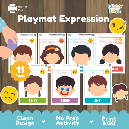 Digital playmat activity sheet set titled 'Playmat Expression' by Witty Land, featuring printable activity cards with cartoon faces and emotion labels on a wood-textured background with promotional badges.
