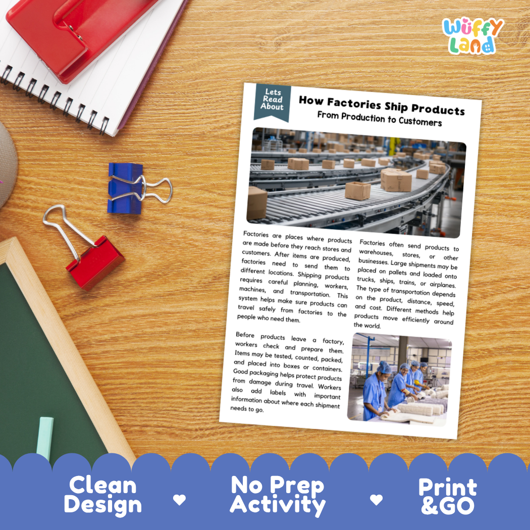 Printable student worksheet with short-answer reading comprehension questions covering factory shipping and supply chains