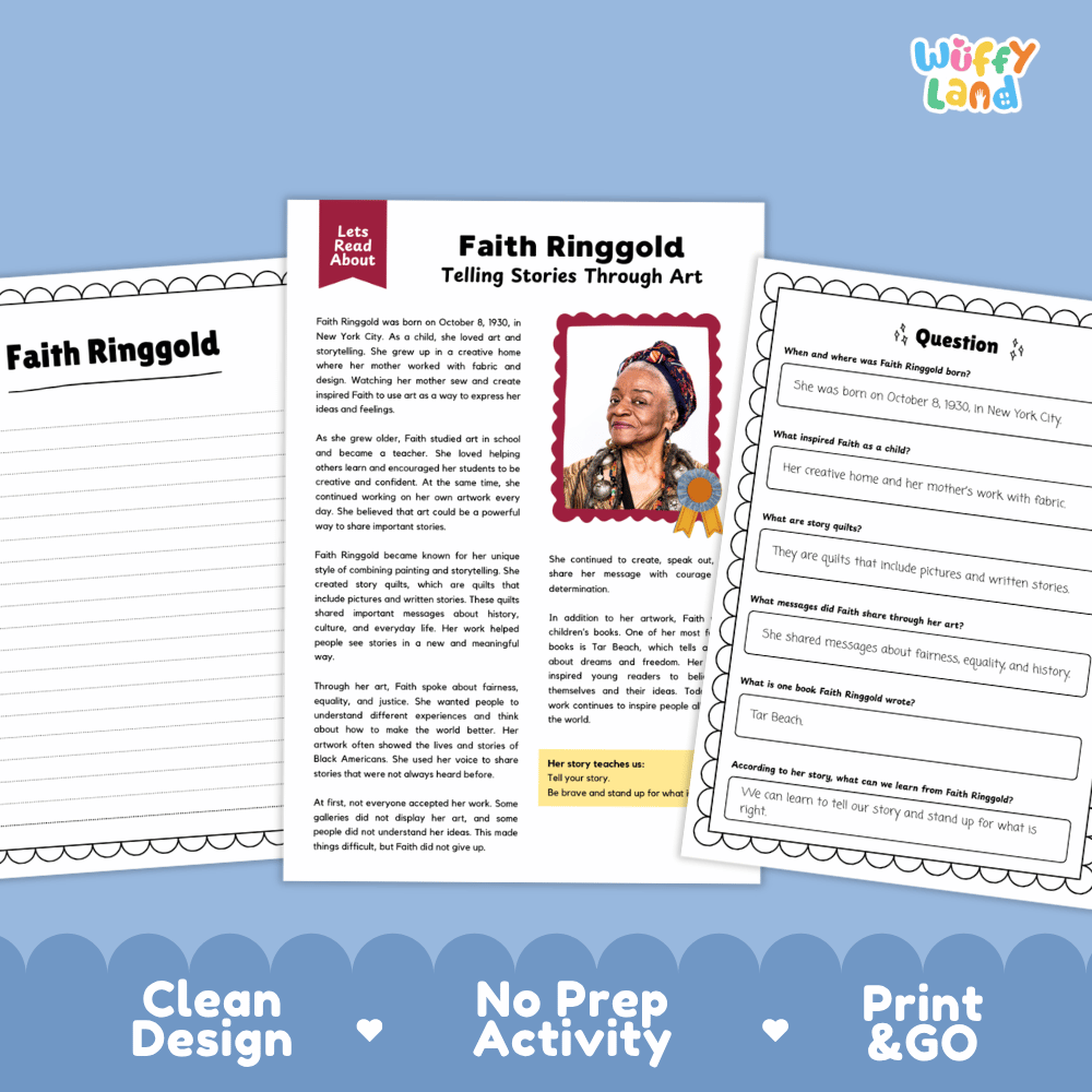 Faith Ringgold Biography Reading Passage and Writing Activity Worksheets