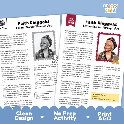 Faith Ringgold Biography Reading Passage and Writing Activity Worksheets