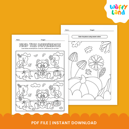 Fall activity worksheets for kids with autumn themed word search, maze, coloring, riddles and literacy activities