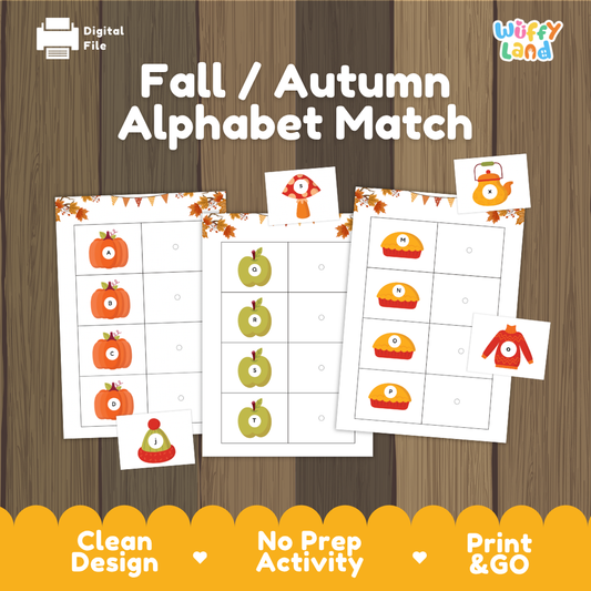 Printable fall alphabet matching activity featuring uppercase and lowercase letters with colorful autumn illustrations.