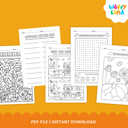 Printable fall literacy activities with word scrambles, letter games, riddles and autumn vocabulary practice for kids