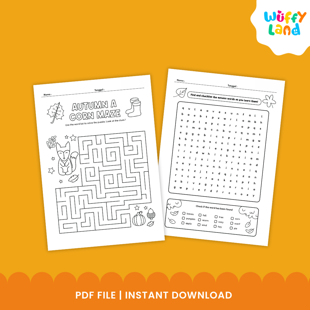 No prep fall activities for kids with printable autumn themed puzzles, word games, coloring and visual activities