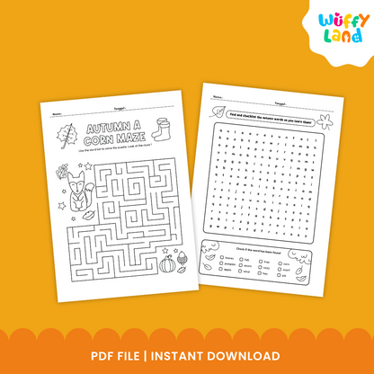No prep fall activities for kids with printable autumn themed puzzles, word games, coloring and visual activities