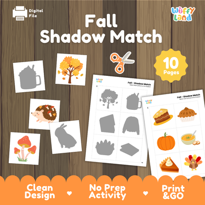 Fall shadow match activity cover showing 10-page printable pack with autumn tree, hedgehog, mushroom, and shadow matching worksheets