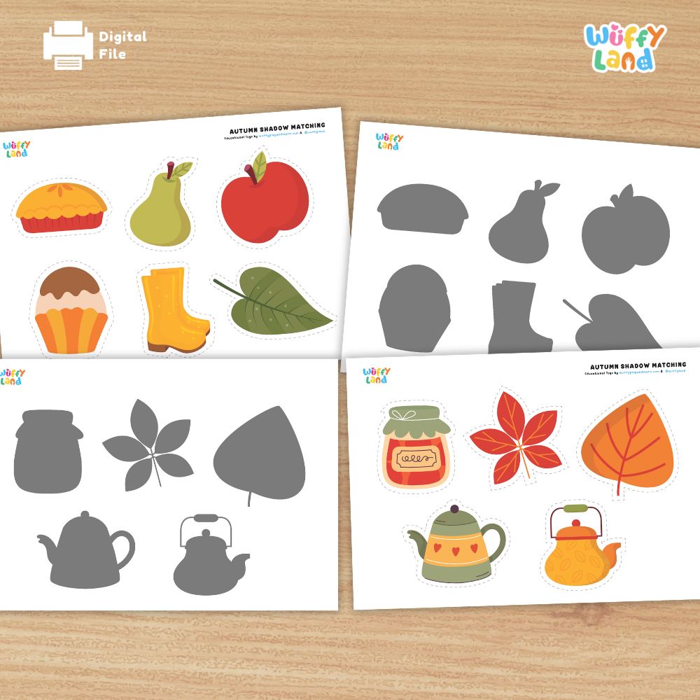 Printable autumn shadow matching activity sheets with grey silhouette outlines of sweater acorn beanie thermos teapot and red leaf
