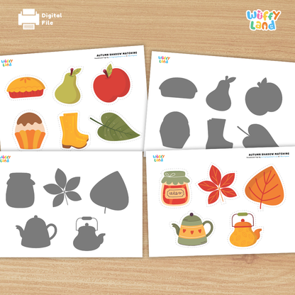 Printable autumn shadow matching activity sheets with grey silhouette outlines of sweater acorn beanie thermos teapot and red leaf