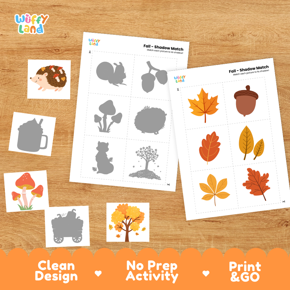 Printable shadow matching grid sheet showing silhouettes of autumn trees, hot mugs, and hedgehogs