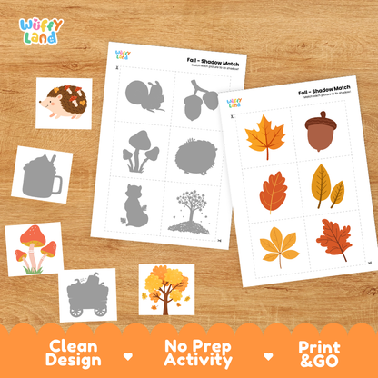 Printable shadow matching grid sheet showing silhouettes of autumn trees, hot mugs, and hedgehogs