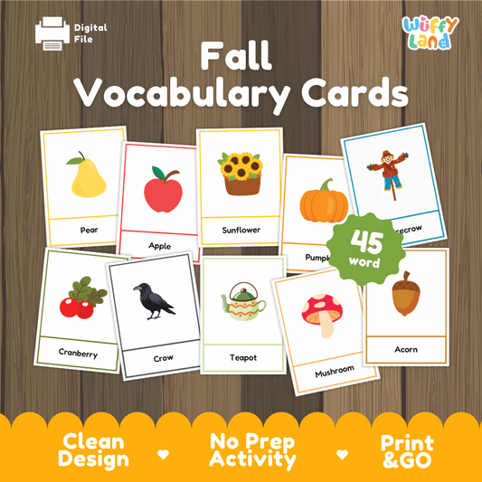 Fall Vocabulary Cards printable autumn words and literacy flashcard activity pack overview from Wuffy Land featuring 45 words 🍂🍎