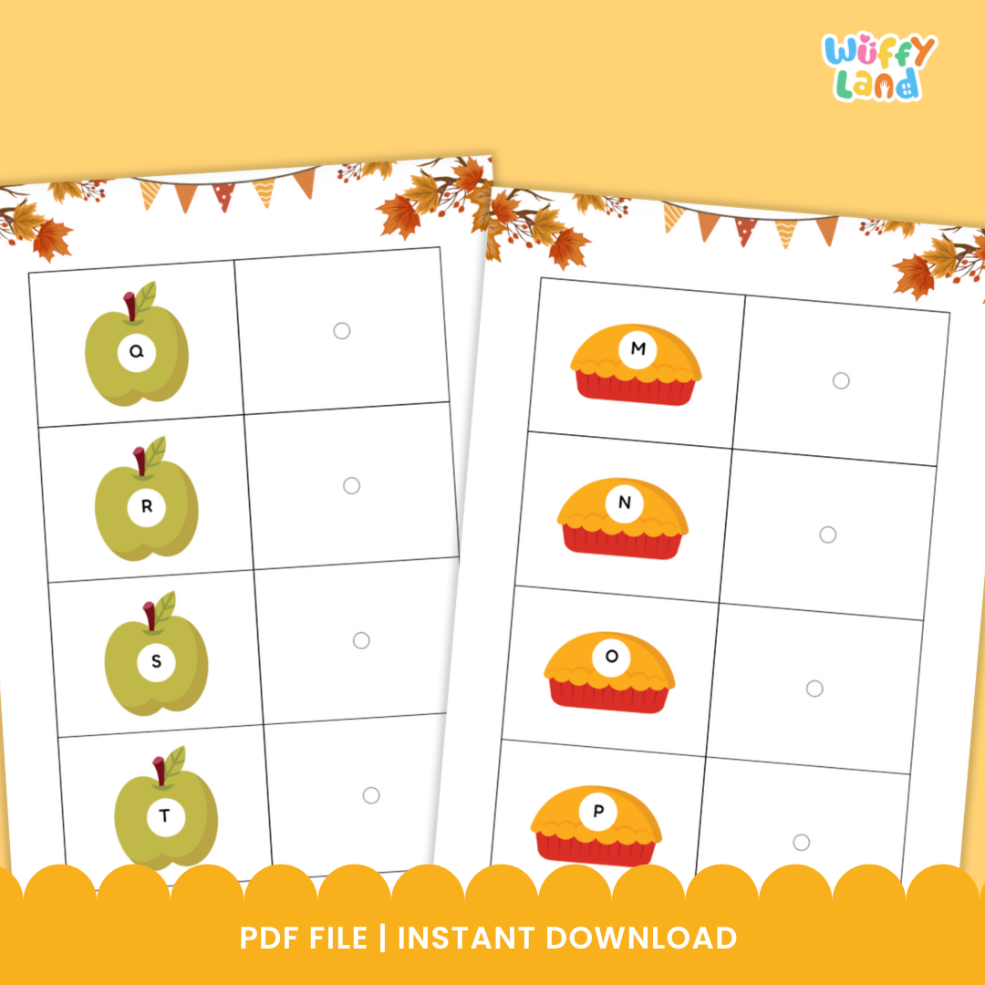 Autumn-themed alphabet matching activity featuring pumpkins, apples, pies, and cozy sweaters labeled with letters. Children can cut and match uppercase and lowercase letters for a fun fall learning exercise.