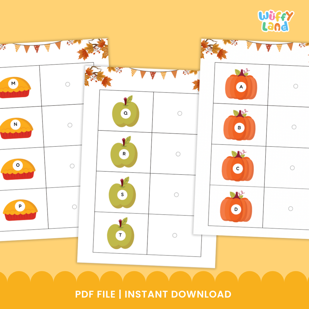 Educational worksheets with apples and letters on a yellow background, featuring the Wuffy Land brand.